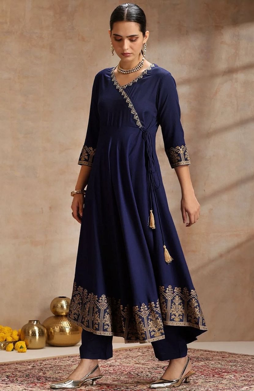Trendy Heavy Rayon Embroidered Anarkali Kurti Pant Set with Foil Print Dupatta