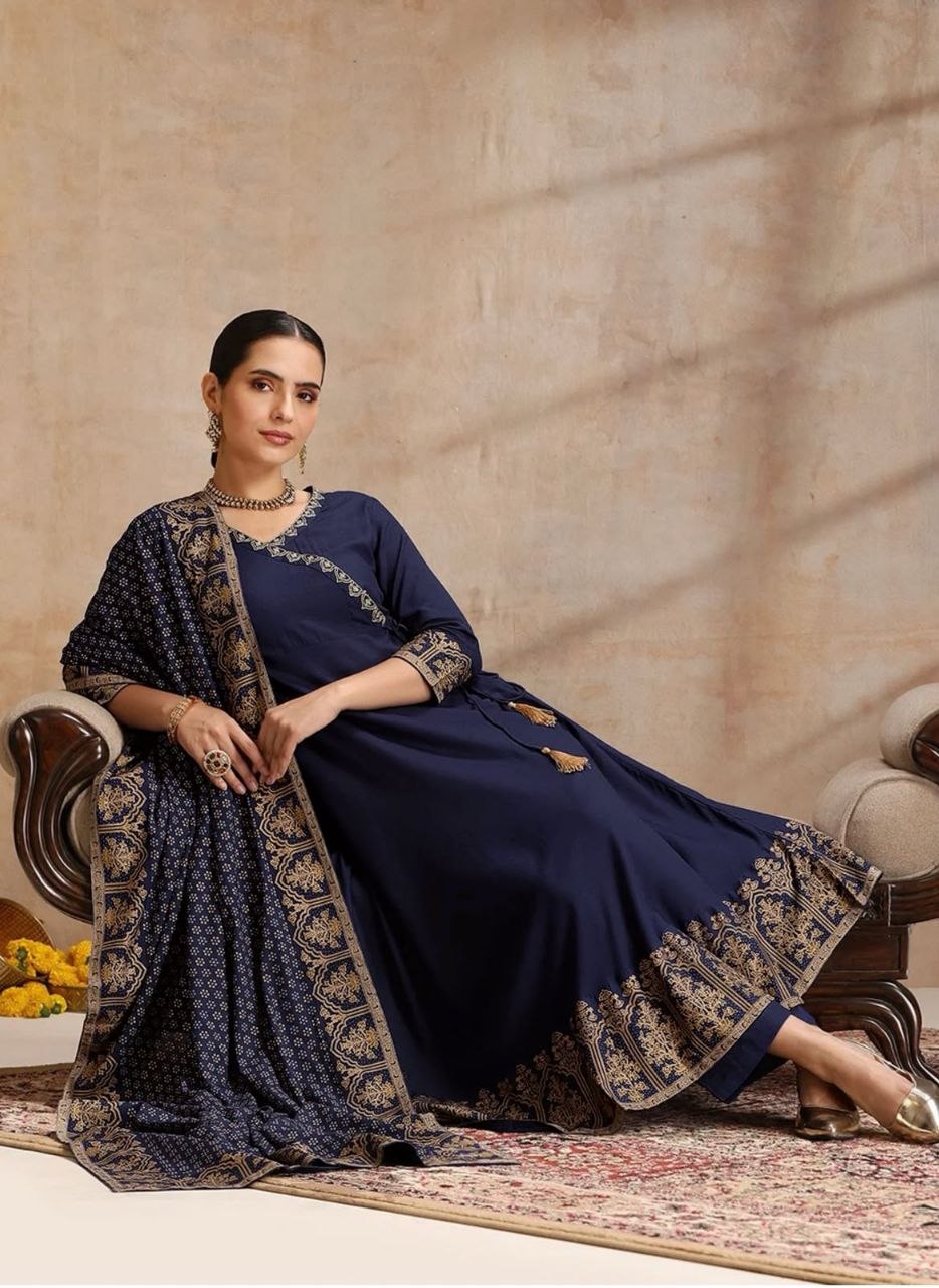 Trendy Heavy Rayon Embroidered Anarkali Kurti Pant Set with Foil Print Dupatta
