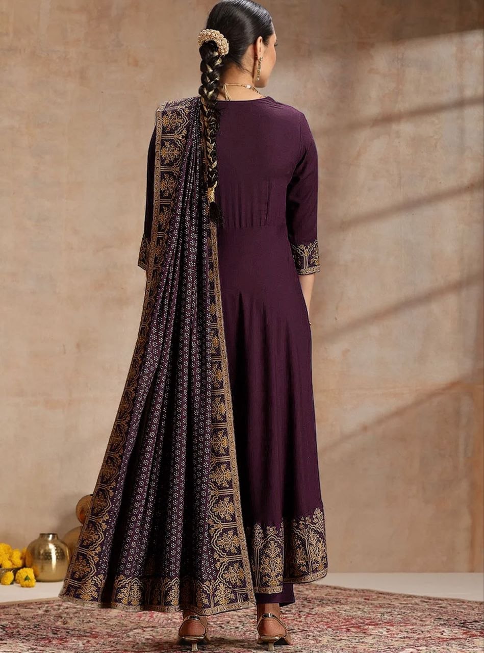 Trendy Heavy Rayon Embroidered Anarkali Kurti Pant Set with Foil Print Dupatta