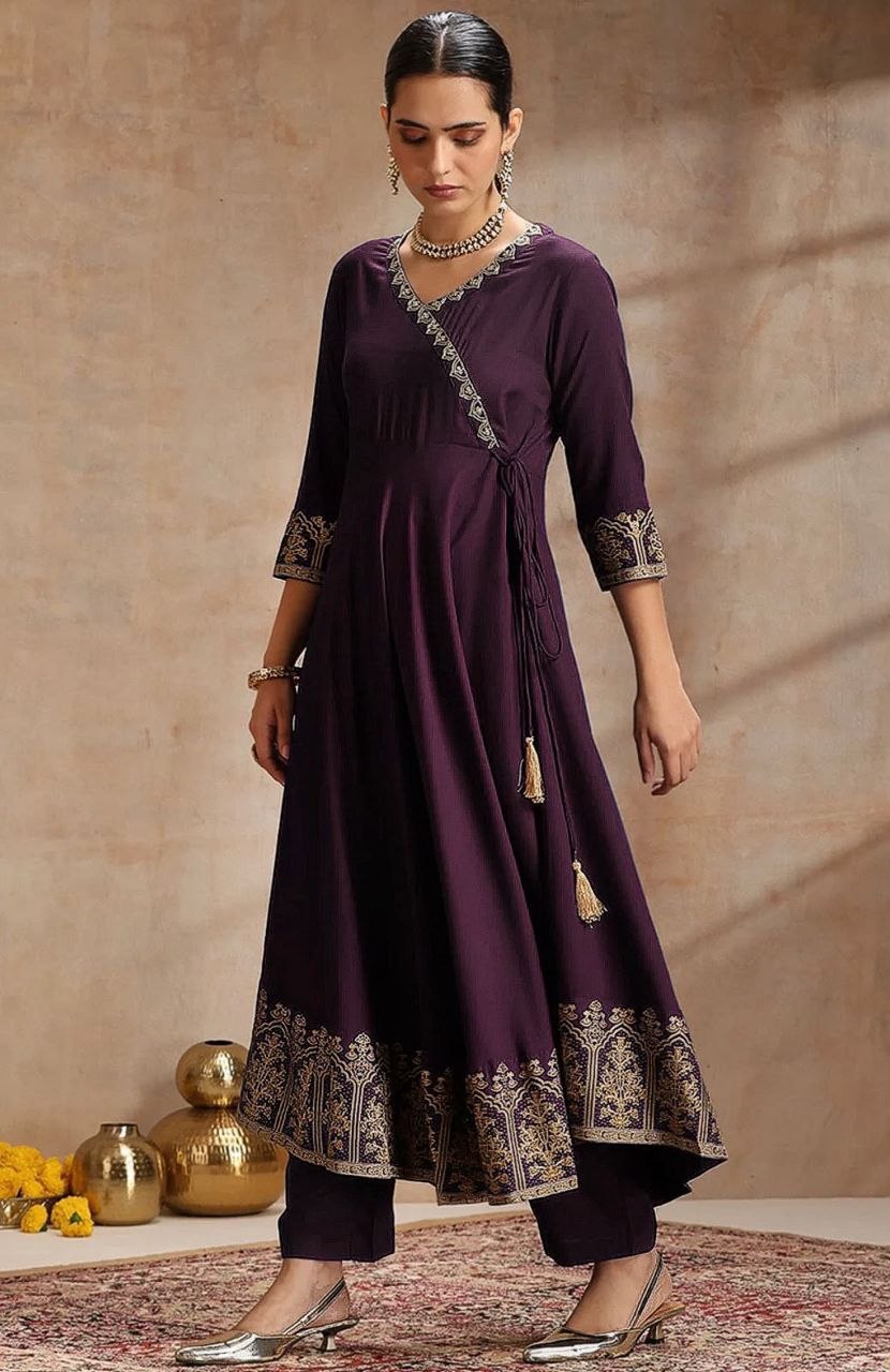 Trendy Heavy Rayon Embroidered Anarkali Kurti Pant Set with Foil Print Dupatta