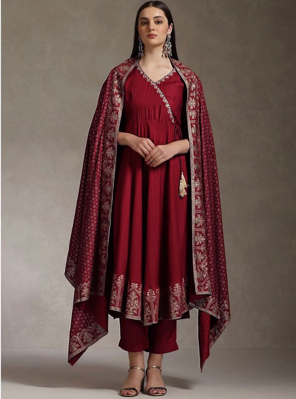 Trendy Heavy Rayon Embroidered Anarkali Kurti Pant Set with Foil Print Dupatta