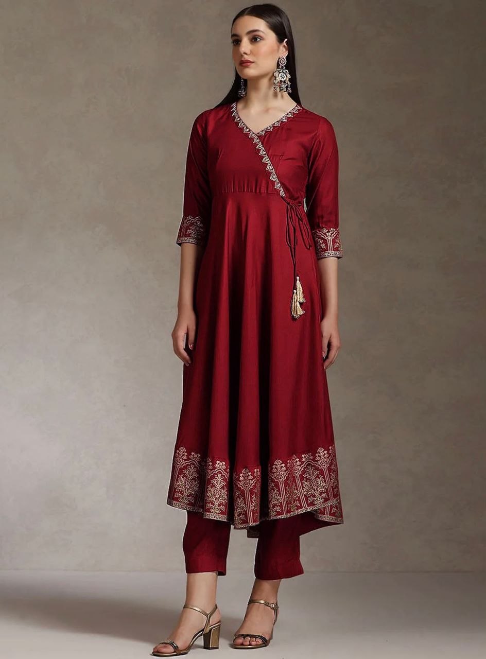 Trendy Heavy Rayon Embroidered Anarkali Kurti Pant Set with Foil Print Dupatta