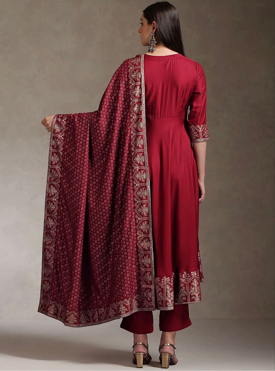 Trendy Heavy Rayon Embroidered Anarkali Kurti Pant Set with Foil Print Dupatta