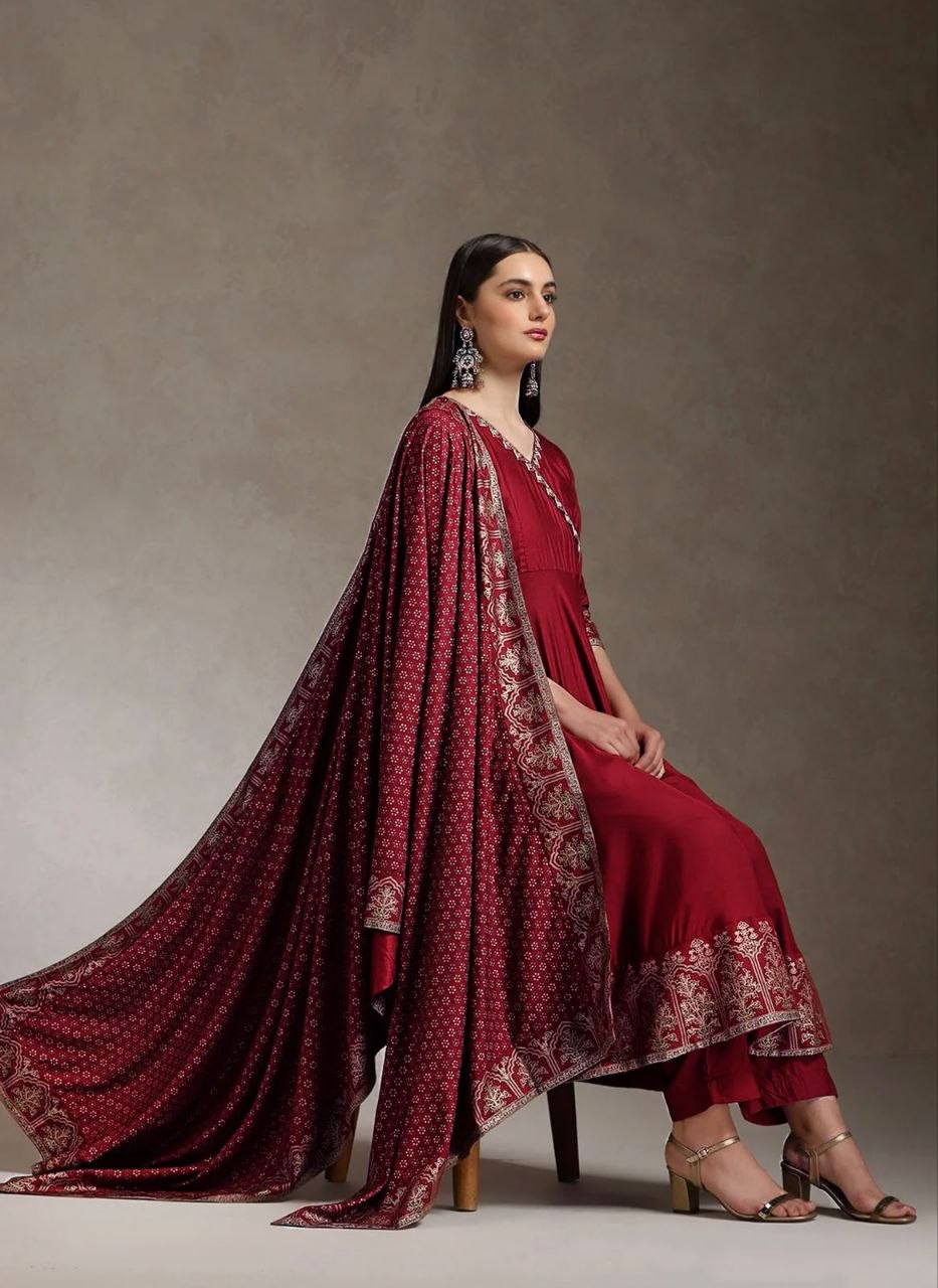 Trendy Heavy Rayon Embroidered Anarkali Kurti Pant Set with Foil Print Dupatta