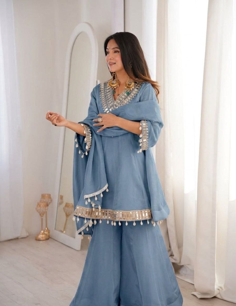 Women's Chinon Mirror Work Palazzo Set with Dupatta