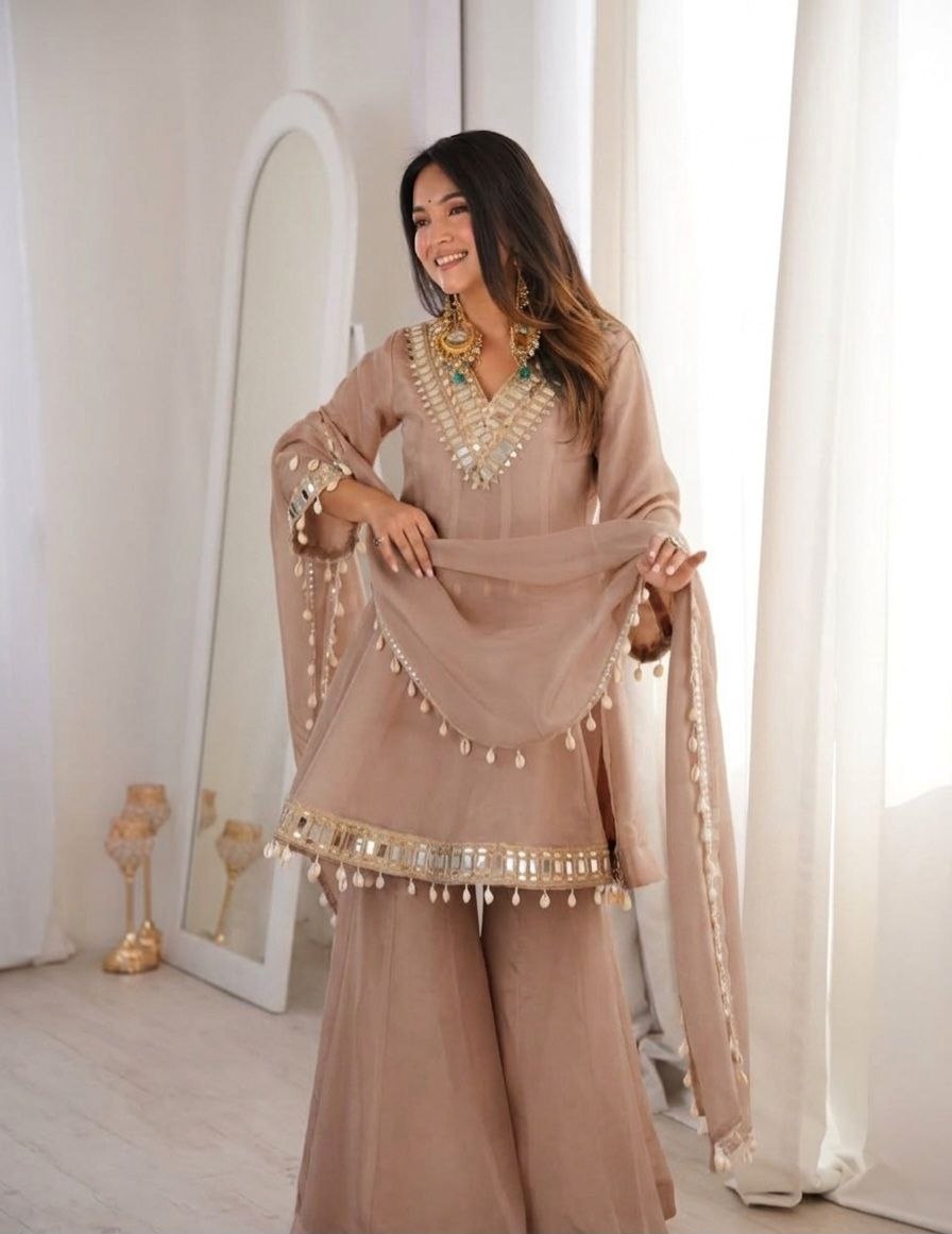 Women's Chinon Mirror Work Palazzo Set with Dupatta