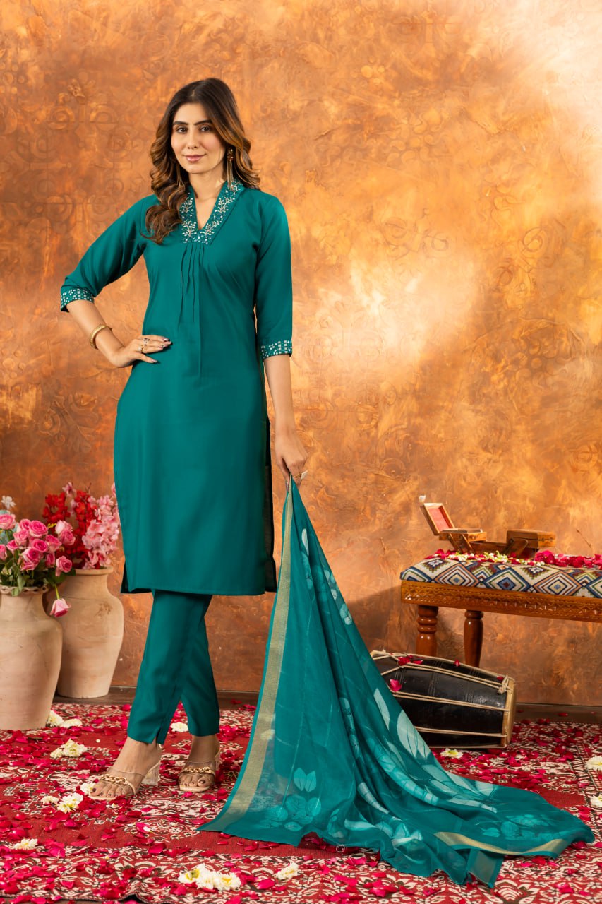 Roman Silk Straight Kurti Pant Dupatta Set with Embroidery Sequins and Hand Work
