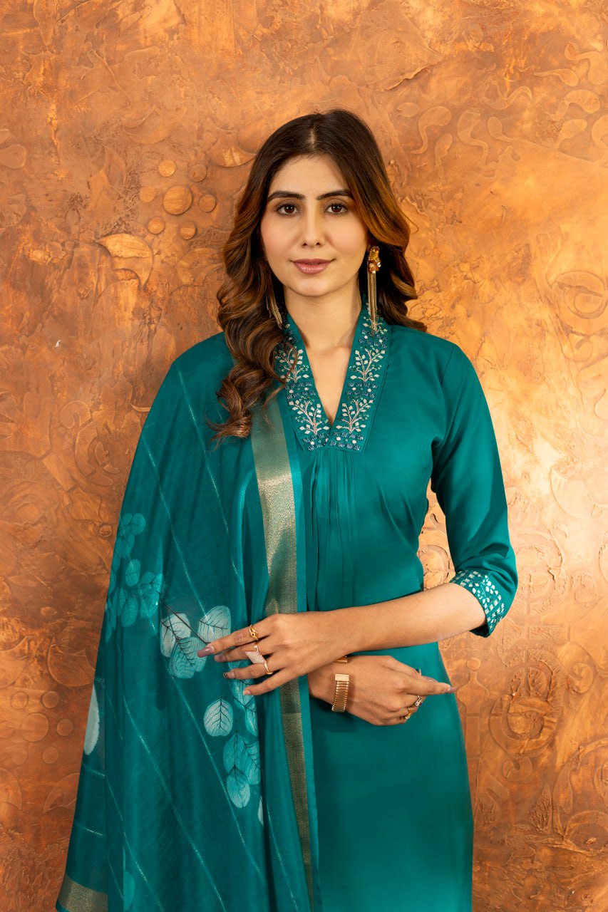 Roman Silk Straight Kurti Pant Dupatta Set with Embroidery Sequins and Hand Work