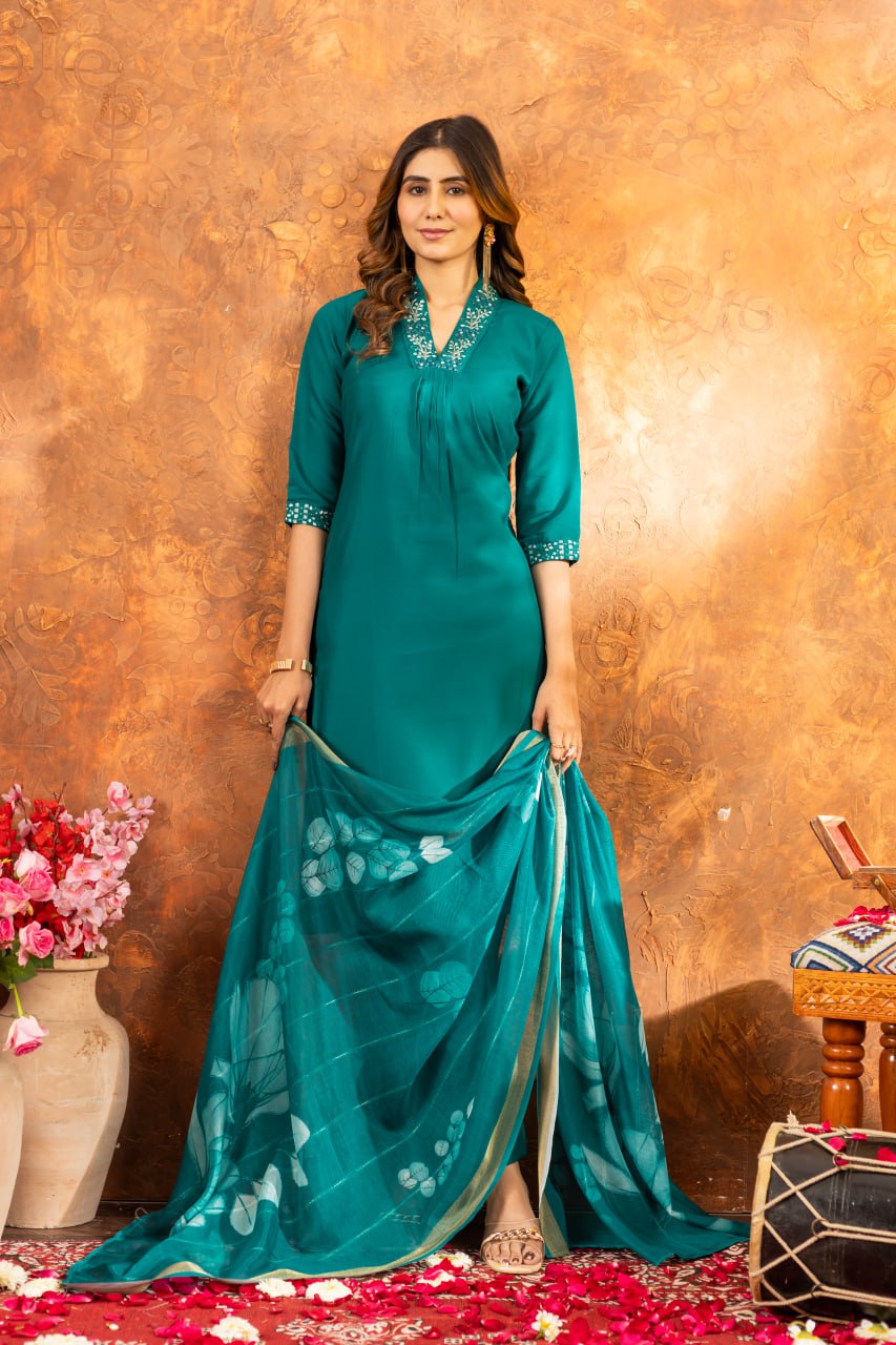 Roman Silk Straight Kurti Pant Dupatta Set with Embroidery Sequins and Hand Work