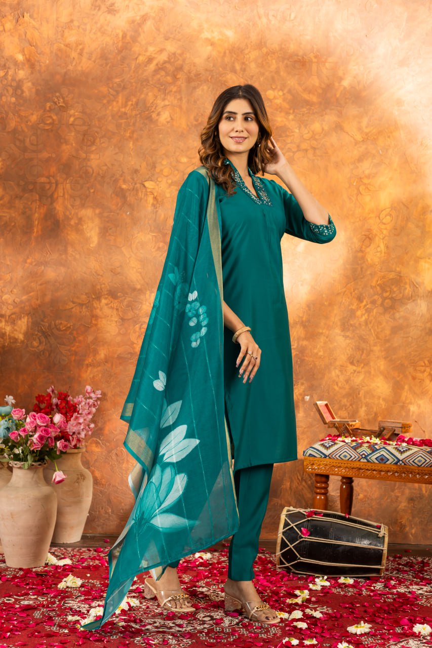 Roman Silk Straight Kurti Pant Dupatta Set with Embroidery Sequins and Hand Work
