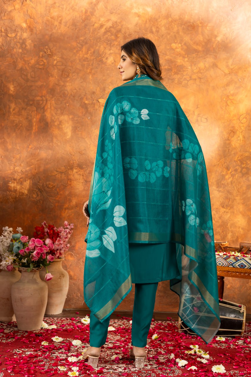 Roman Silk Straight Kurti Pant Dupatta Set with Embroidery Sequins and Hand Work