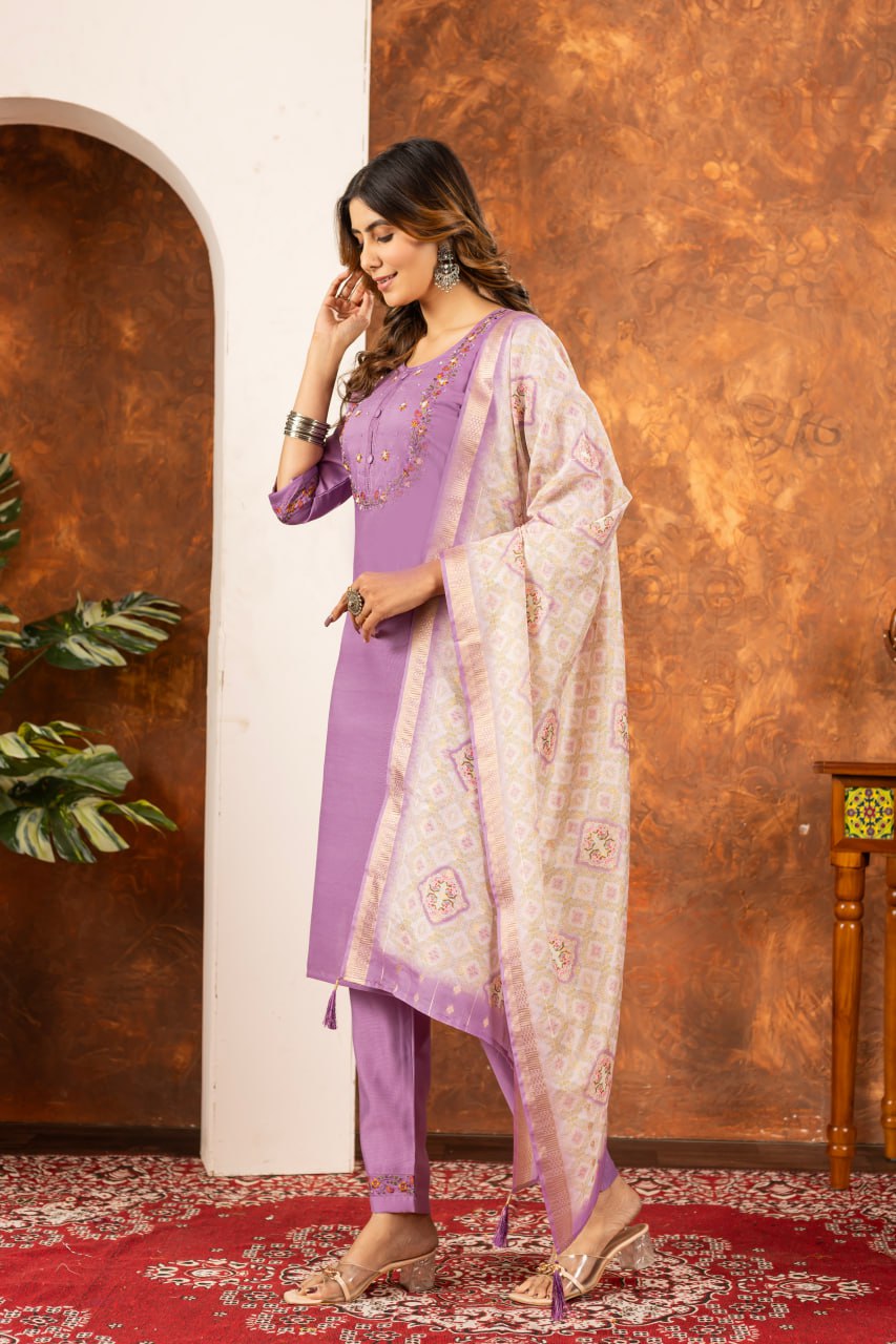 Marina Silk Straight Kurti Pant Dupatta Set with Embroidery Hand Work