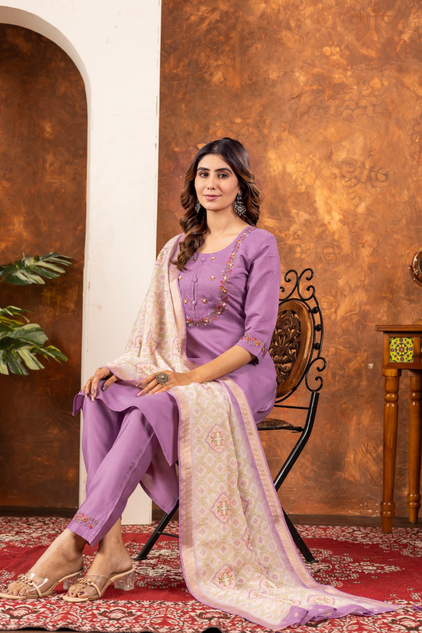 Marina Silk Straight Kurti Pant Dupatta Set with Embroidery Hand Work