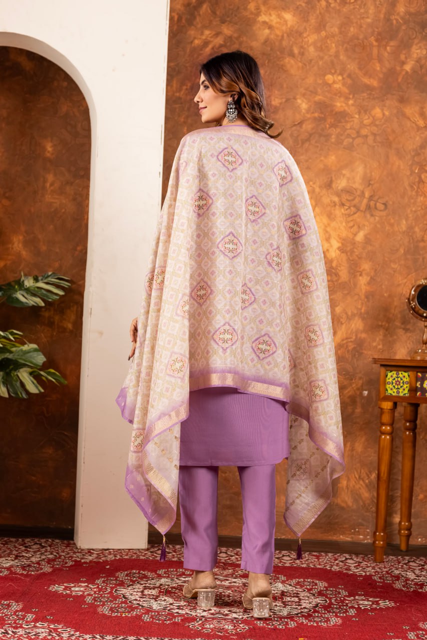 Marina Silk Straight Kurti Pant Dupatta Set with Embroidery Hand Work