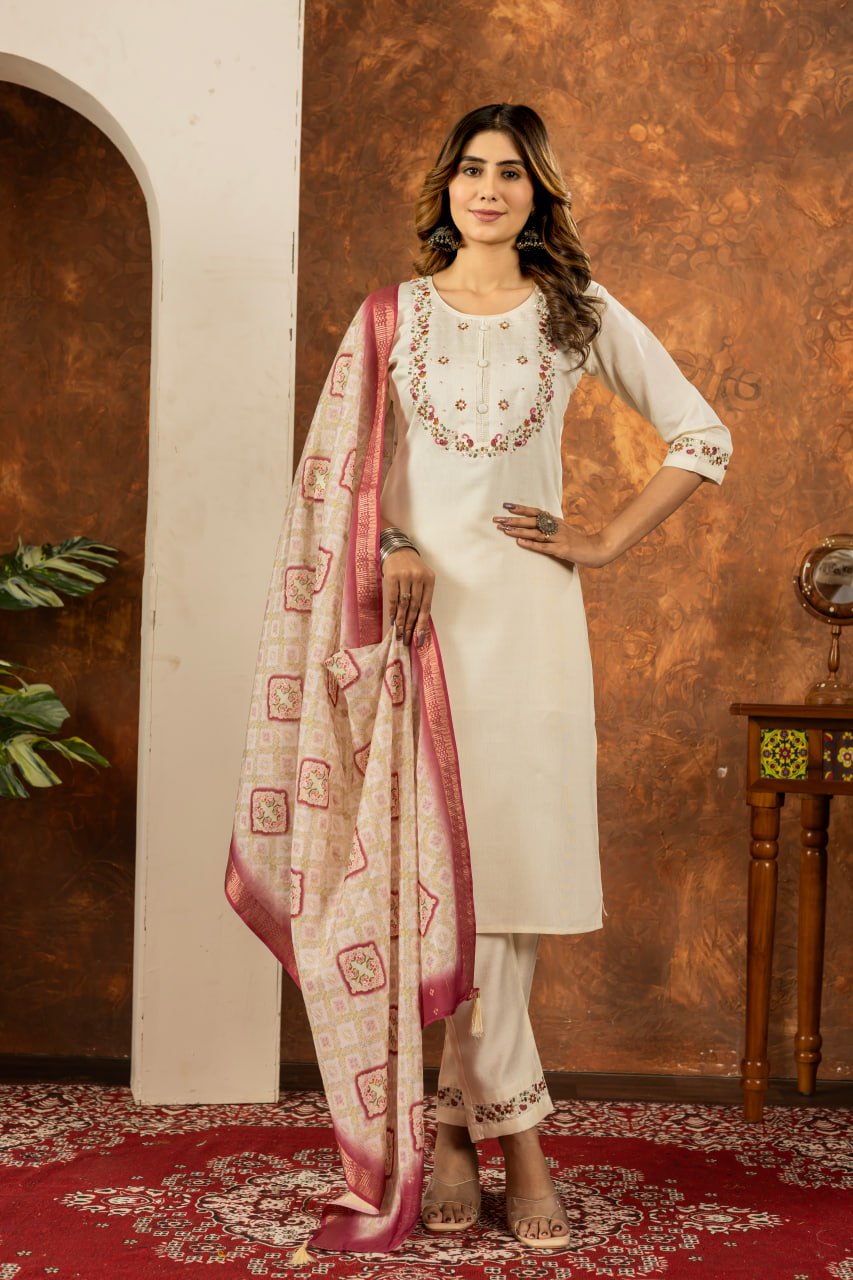 Marina Silk Straight Kurti Pant Dupatta Set with Embroidery Hand Work
