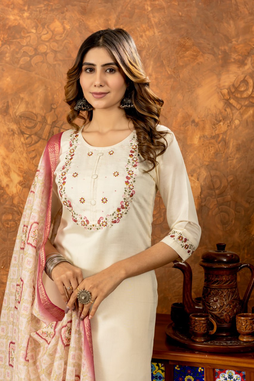 Marina Silk Straight Kurti Pant Dupatta Set with Embroidery Hand Work