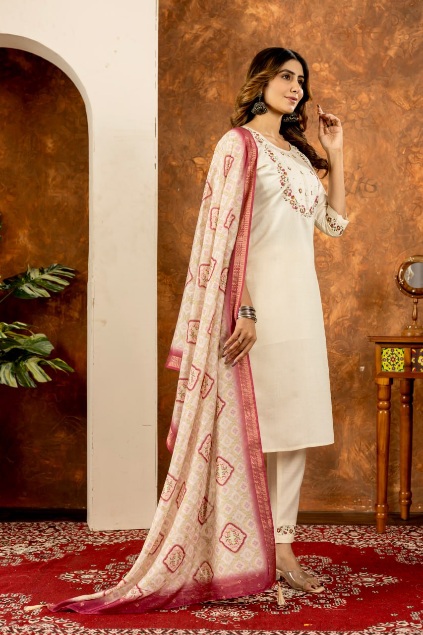 Marina Silk Straight Kurti Pant Dupatta Set with Embroidery Hand Work
