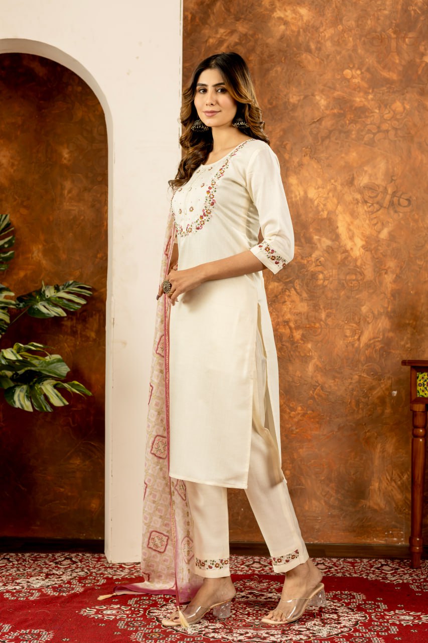 Marina Silk Straight Kurti Pant Dupatta Set with Embroidery Hand Work