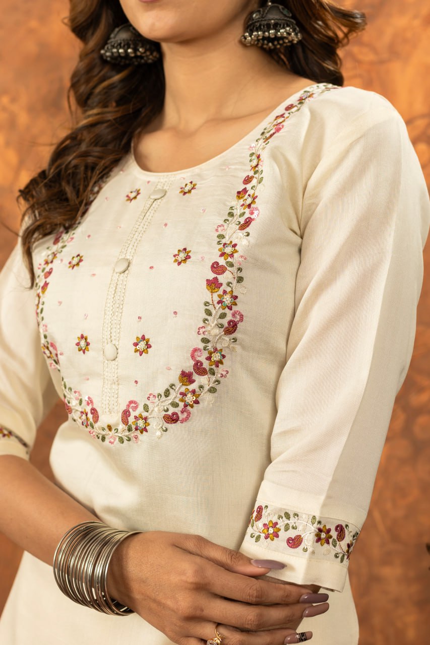 Marina Silk Straight Kurti Pant Dupatta Set with Embroidery Hand Work