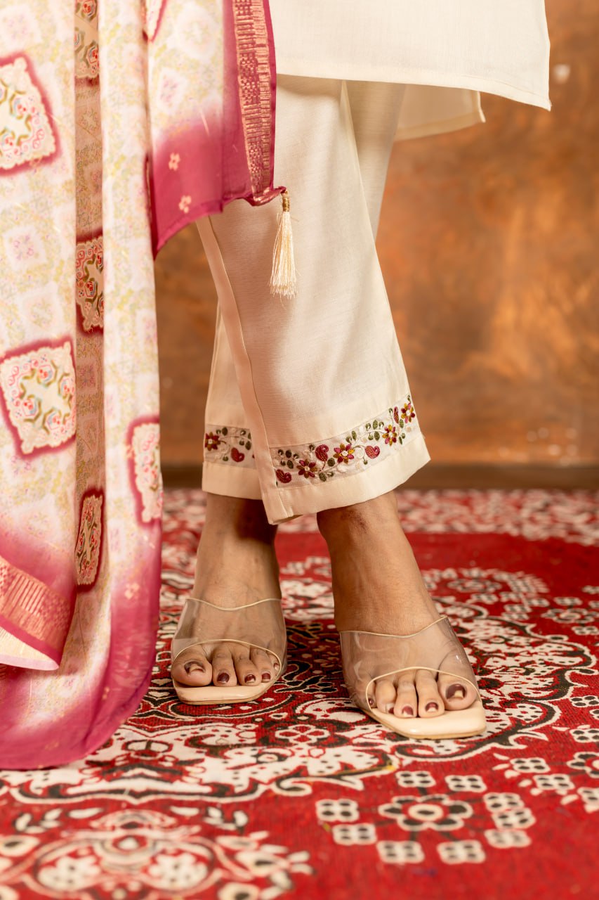 Marina Silk Straight Kurti Pant Dupatta Set with Embroidery Hand Work