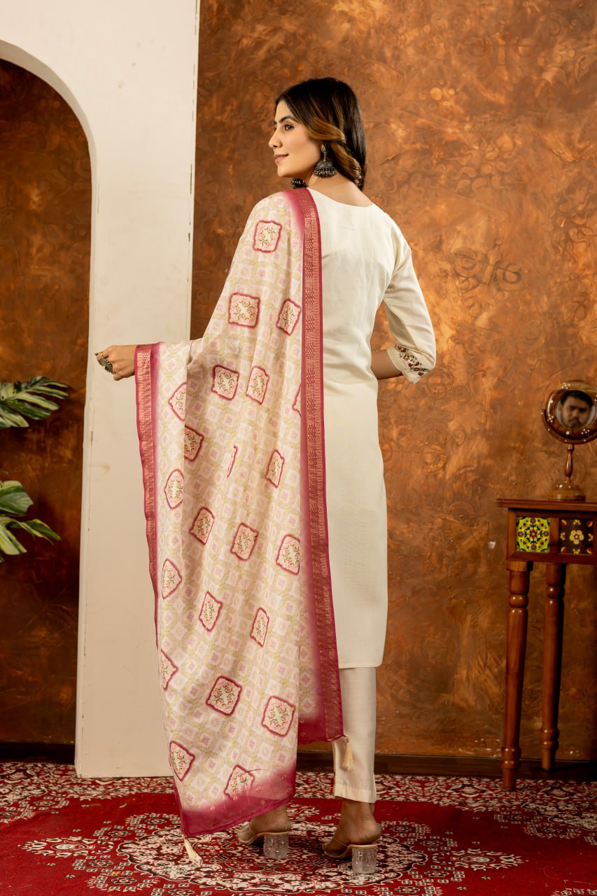 Marina Silk Straight Kurti Pant Dupatta Set with Embroidery Hand Work