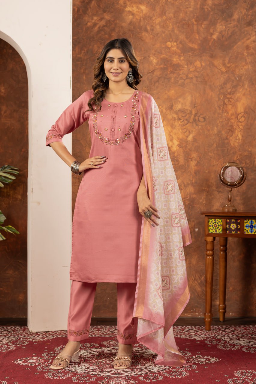 Marina Silk Straight Kurti Pant Dupatta Set with Embroidery Hand Work