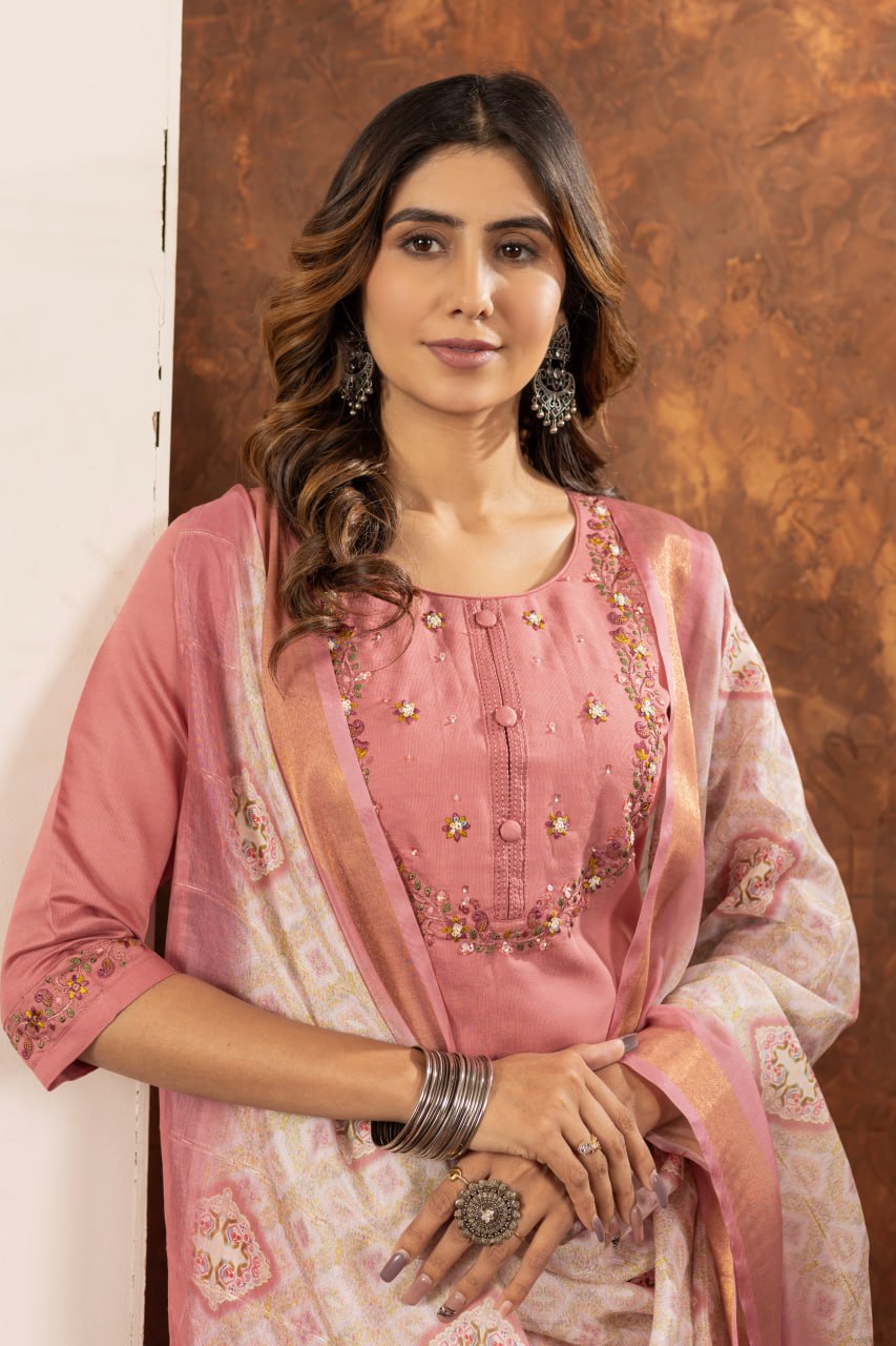 Marina Silk Straight Kurti Pant Dupatta Set with Embroidery Hand Work