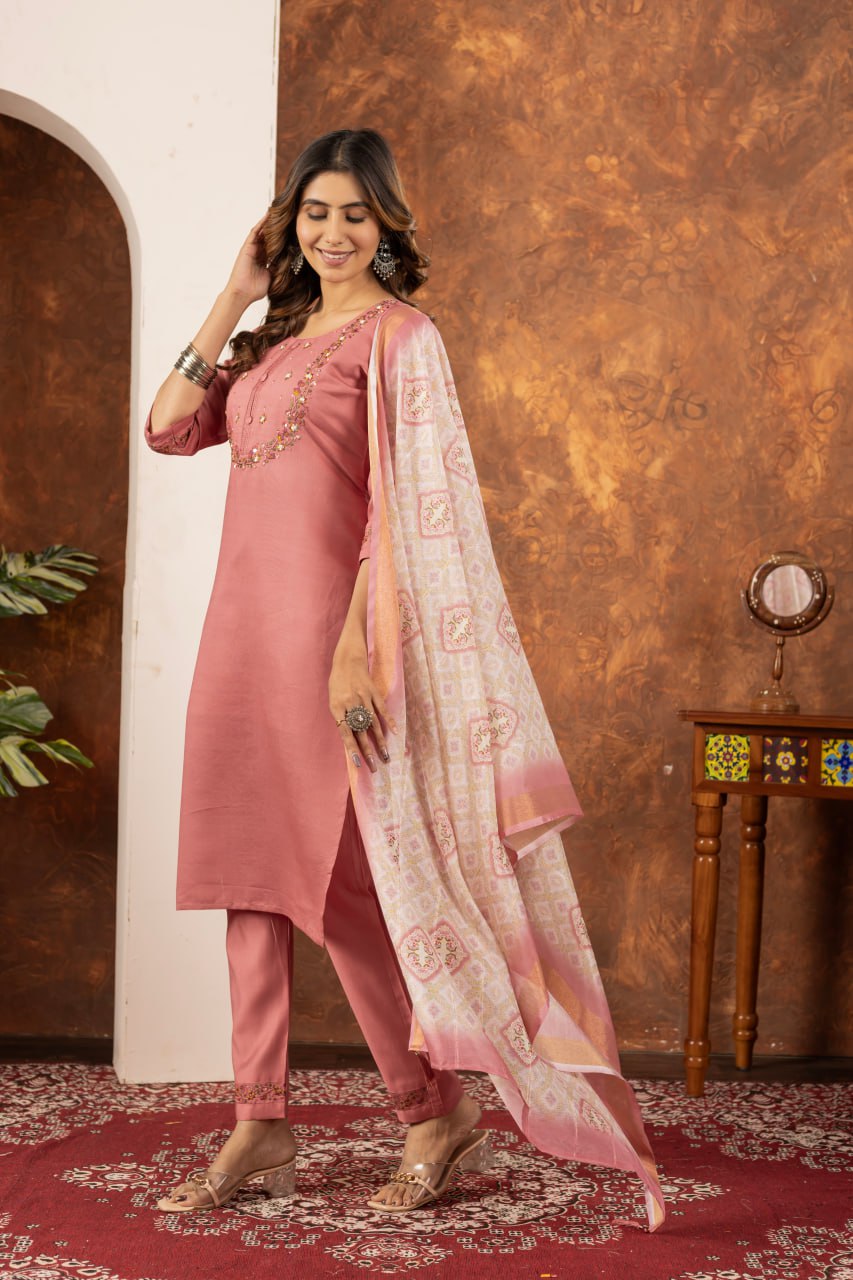 Marina Silk Straight Kurti Pant Dupatta Set with Embroidery Hand Work