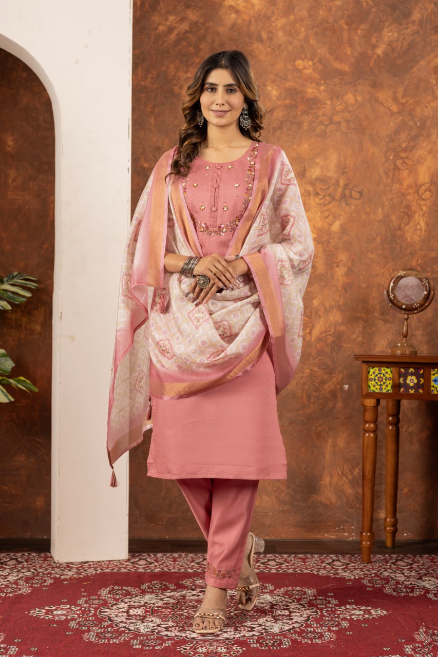 Marina Silk Straight Kurti Pant Dupatta Set with Embroidery Hand Work