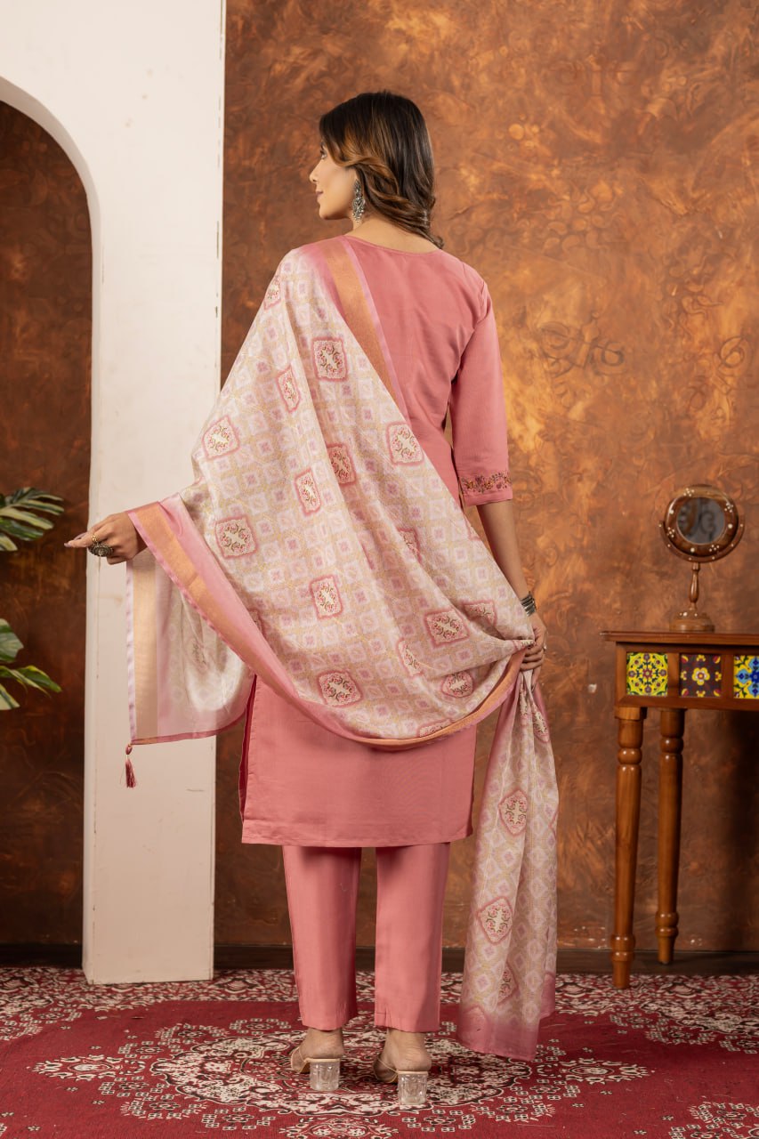 Marina Silk Straight Kurti Pant Dupatta Set with Embroidery Hand Work