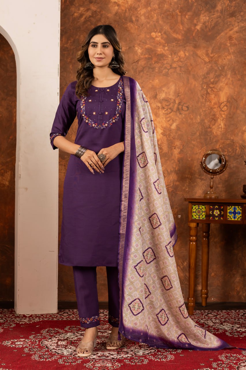 Marina Silk Straight Kurti Pant Dupatta Set with Embroidery Hand Work