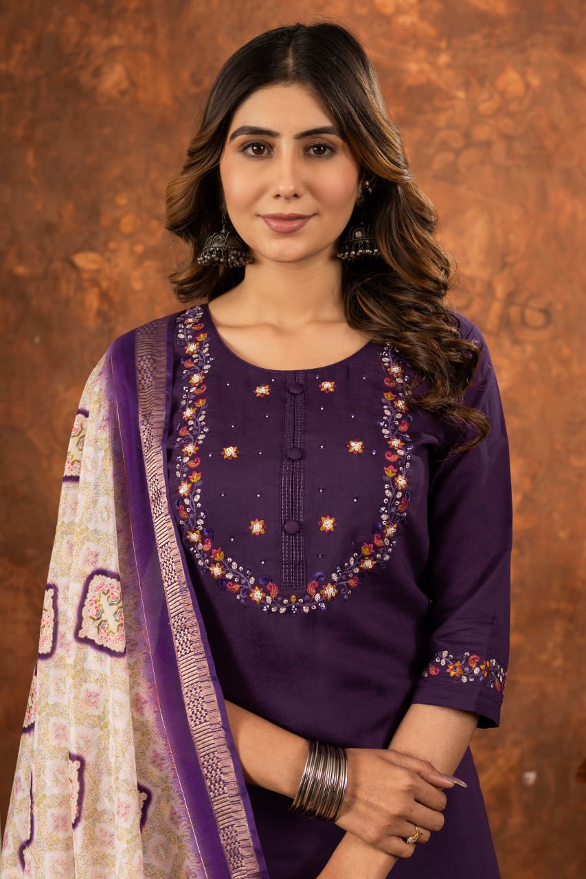 Marina Silk Straight Kurti Pant Dupatta Set with Embroidery Hand Work