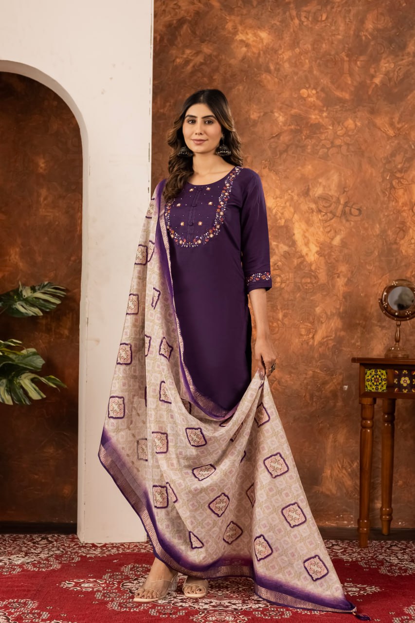 Marina Silk Straight Kurti Pant Dupatta Set with Embroidery Hand Work