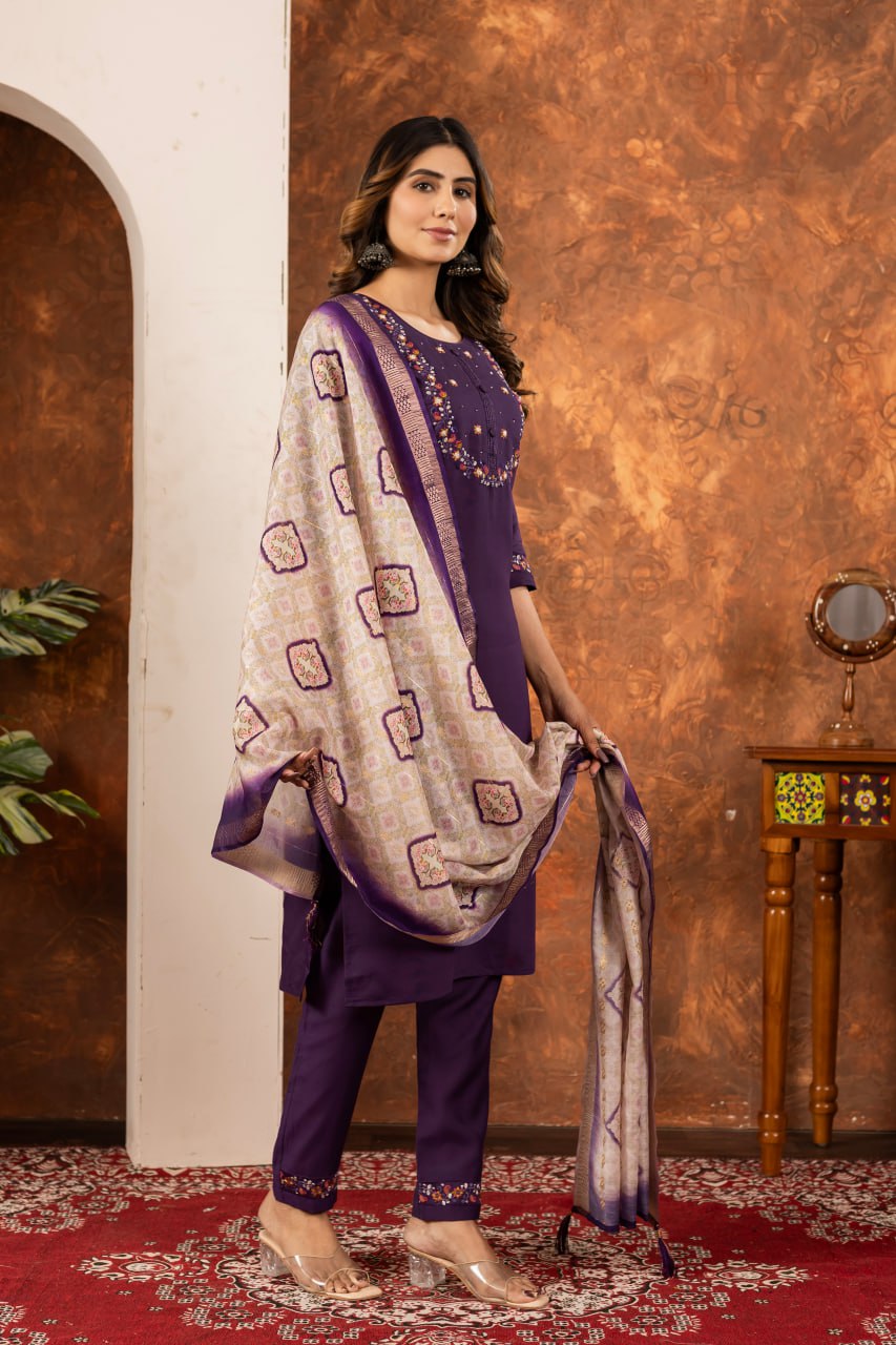 Marina Silk Straight Kurti Pant Dupatta Set with Embroidery Hand Work