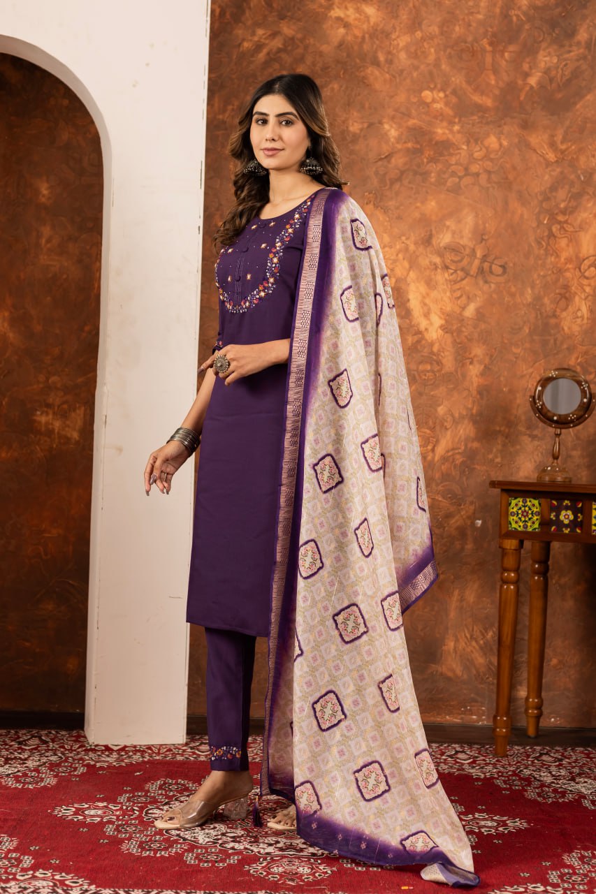 Marina Silk Straight Kurti Pant Dupatta Set with Embroidery Hand Work