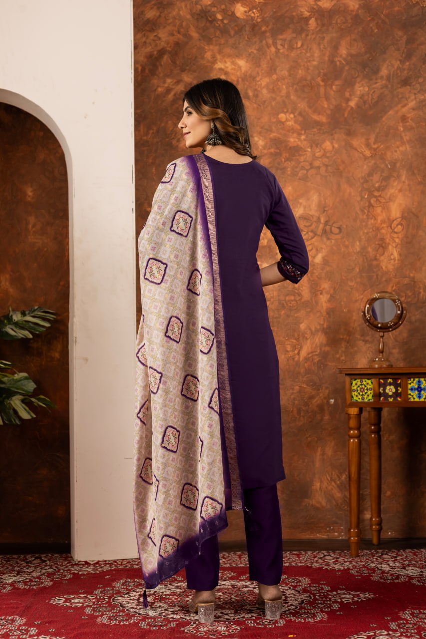 Marina Silk Straight Kurti Pant Dupatta Set with Embroidery Hand Work