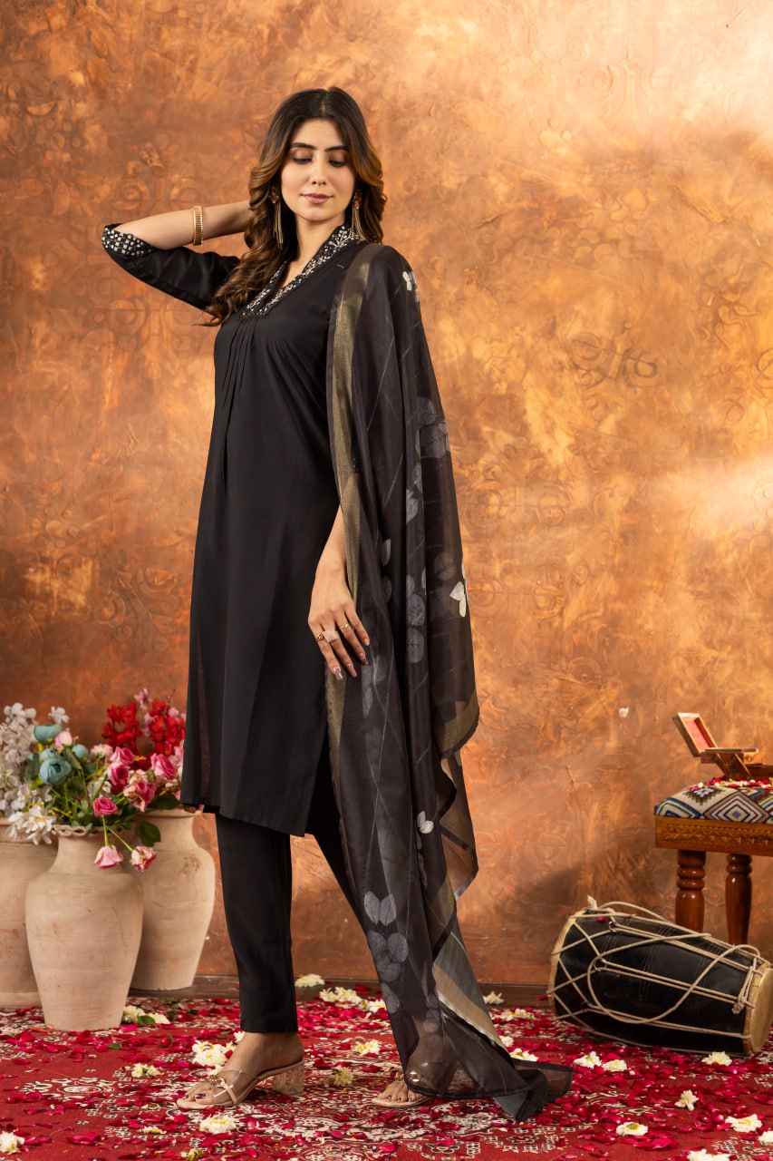 Roman Silk Straight Kurti Pant Dupatta Set with Embroidery Sequins and Hand Work