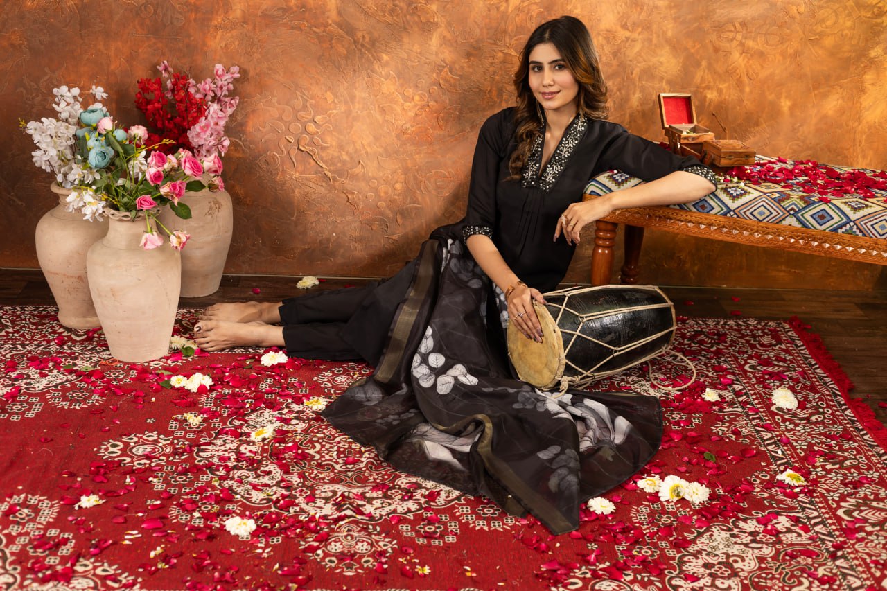 Roman Silk Straight Kurti Pant Dupatta Set with Embroidery Sequins and Hand Work