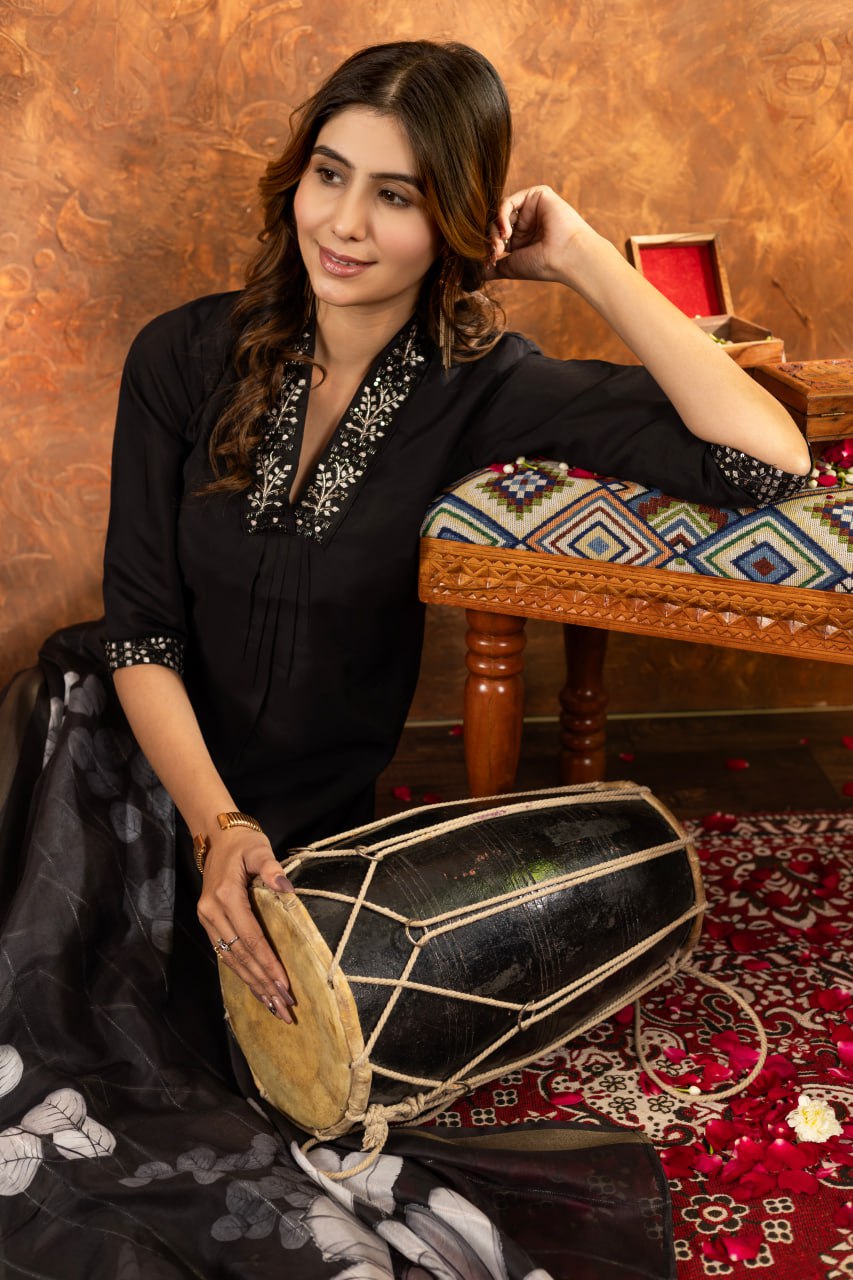 Roman Silk Straight Kurti Pant Dupatta Set with Embroidery Sequins and Hand Work
