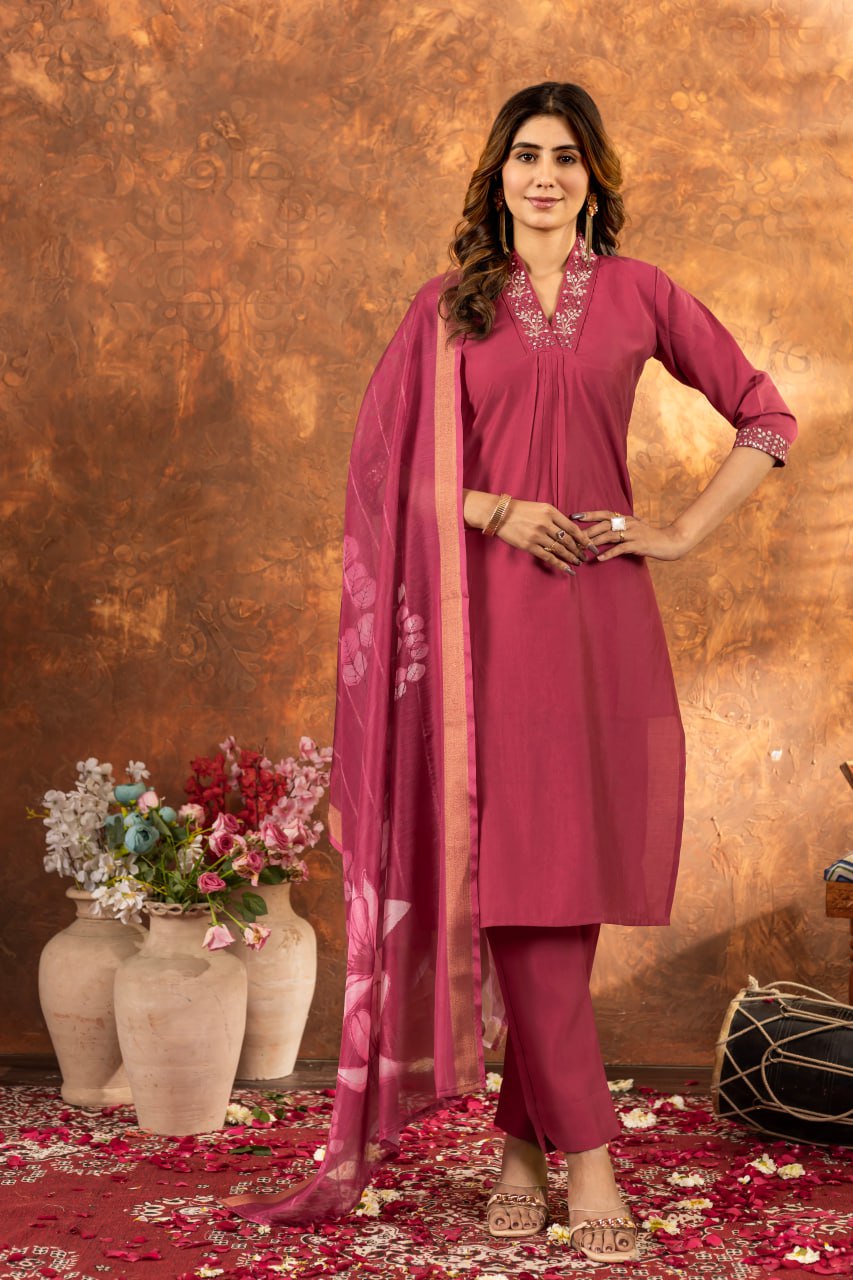 Roman Silk Straight Kurti Pant Dupatta Set with Embroidery Sequins and Hand Work