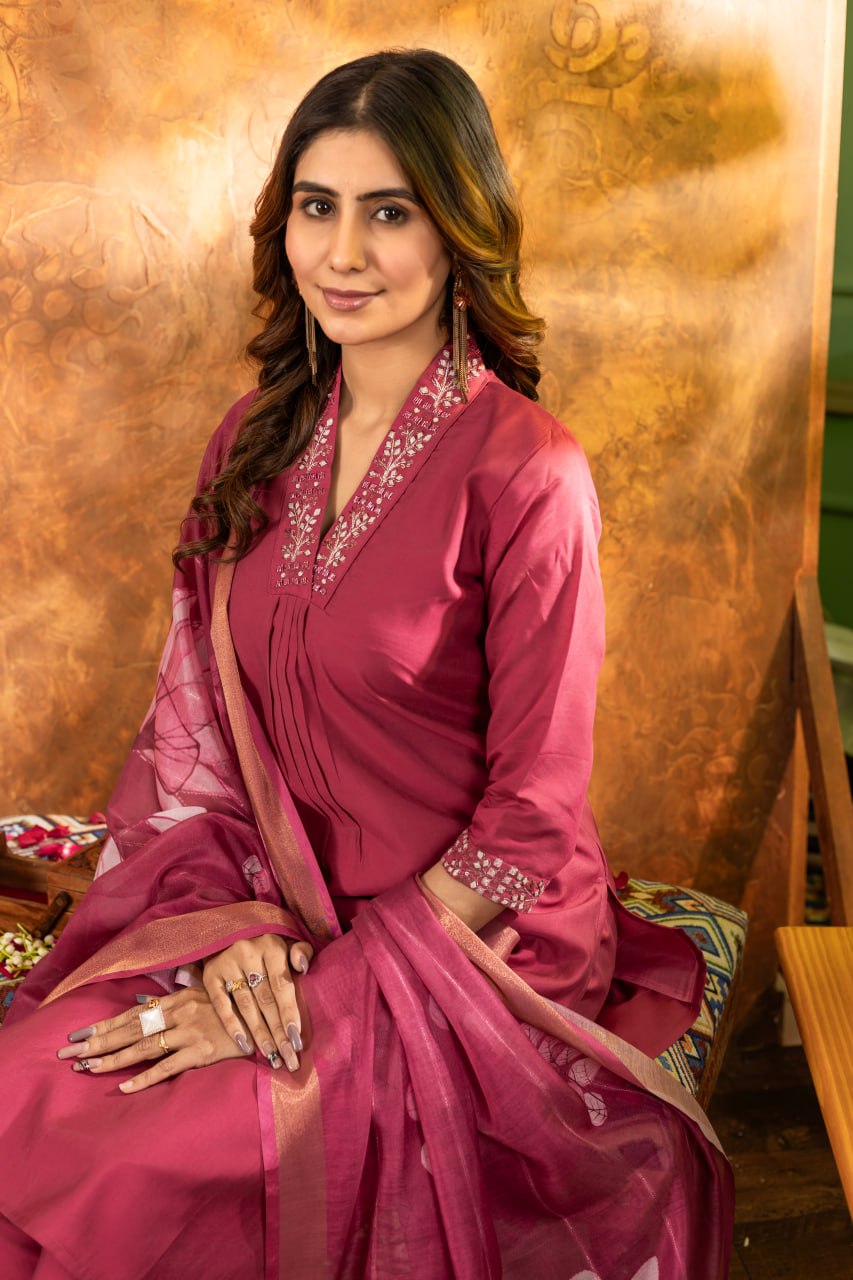 Roman Silk Straight Kurti Pant Dupatta Set with Embroidery Sequins and Hand Work