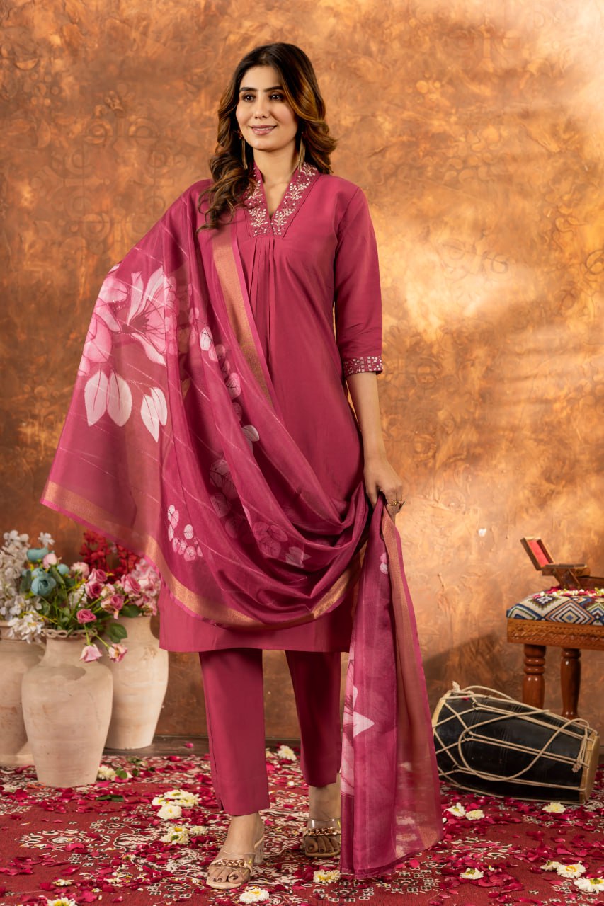 Roman Silk Straight Kurti Pant Dupatta Set with Embroidery Sequins and Hand Work