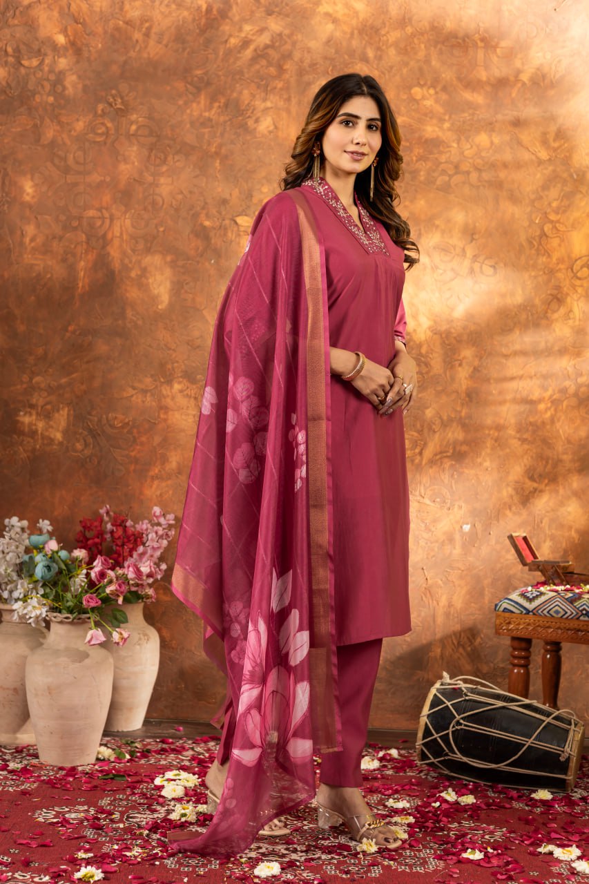 Roman Silk Straight Kurti Pant Dupatta Set with Embroidery Sequins and Hand Work