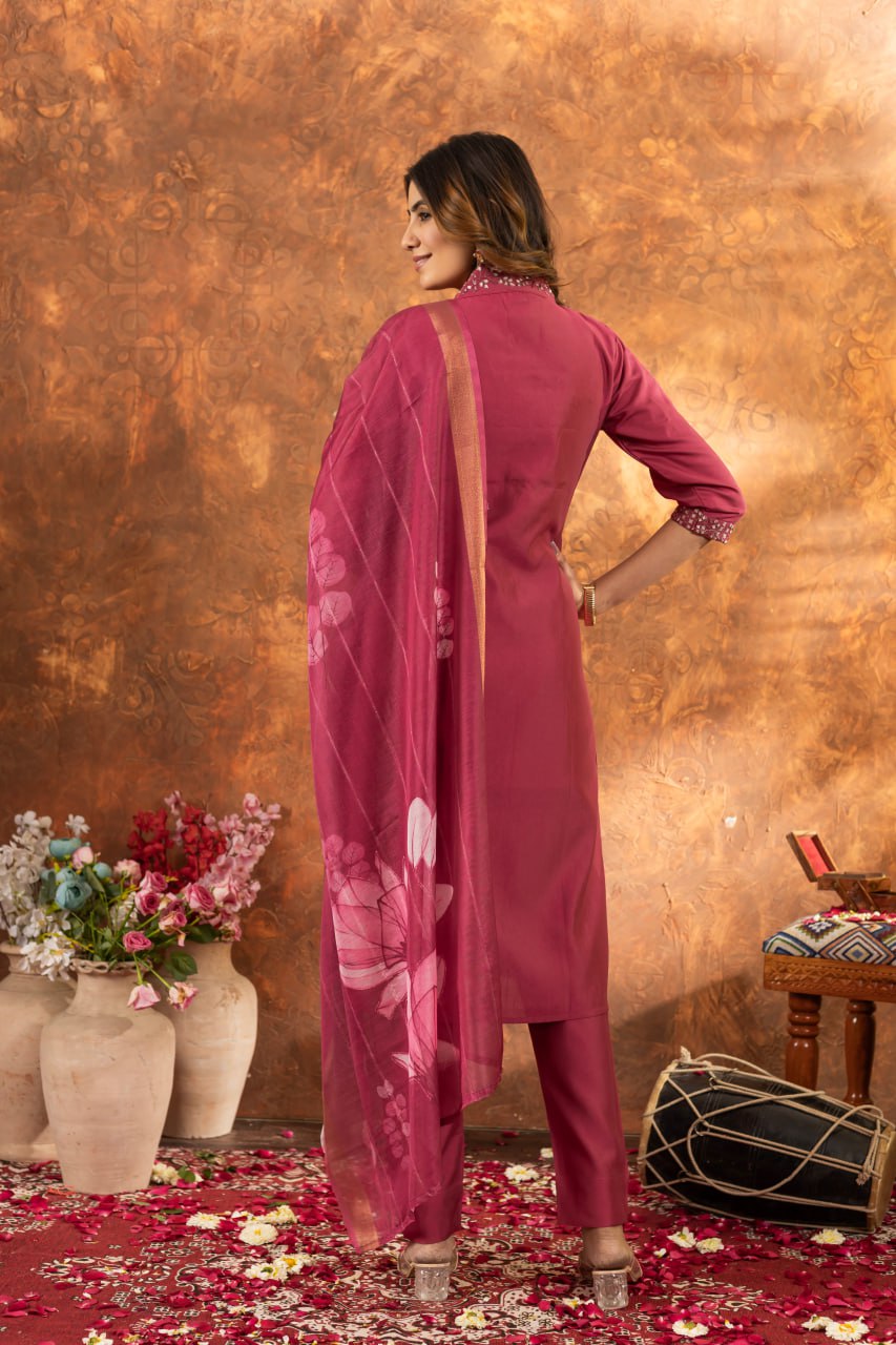 Roman Silk Straight Kurti Pant Dupatta Set with Embroidery Sequins and Hand Work