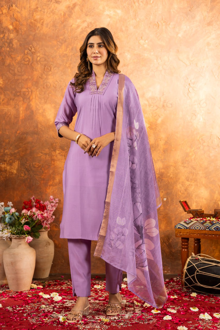 Roman Silk Straight Kurti Pant Dupatta Set with Embroidery Sequins and Hand Work
