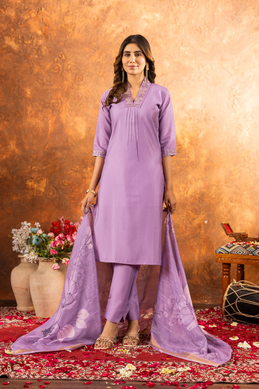 Roman Silk Straight Kurti Pant Dupatta Set with Embroidery Sequins and Hand Work