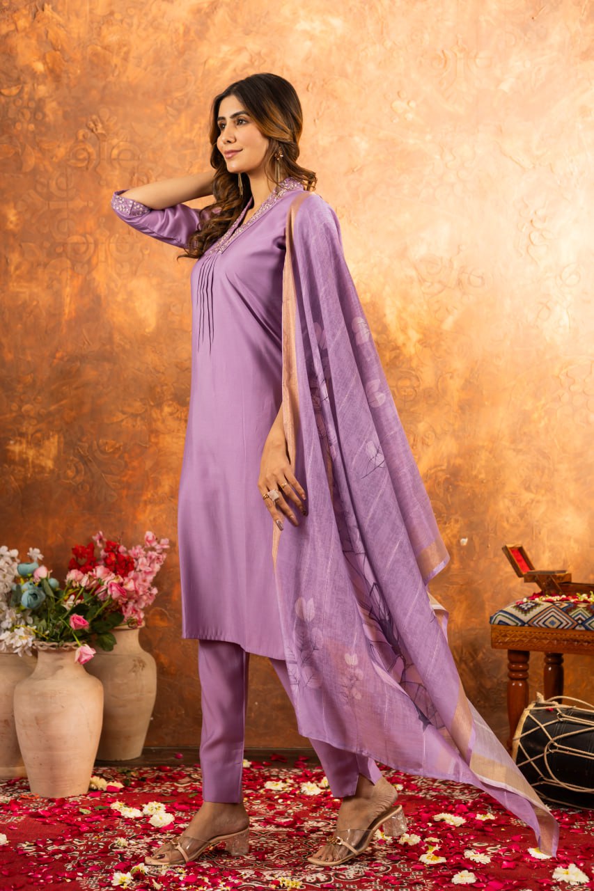 Roman Silk Straight Kurti Pant Dupatta Set with Embroidery Sequins and Hand Work
