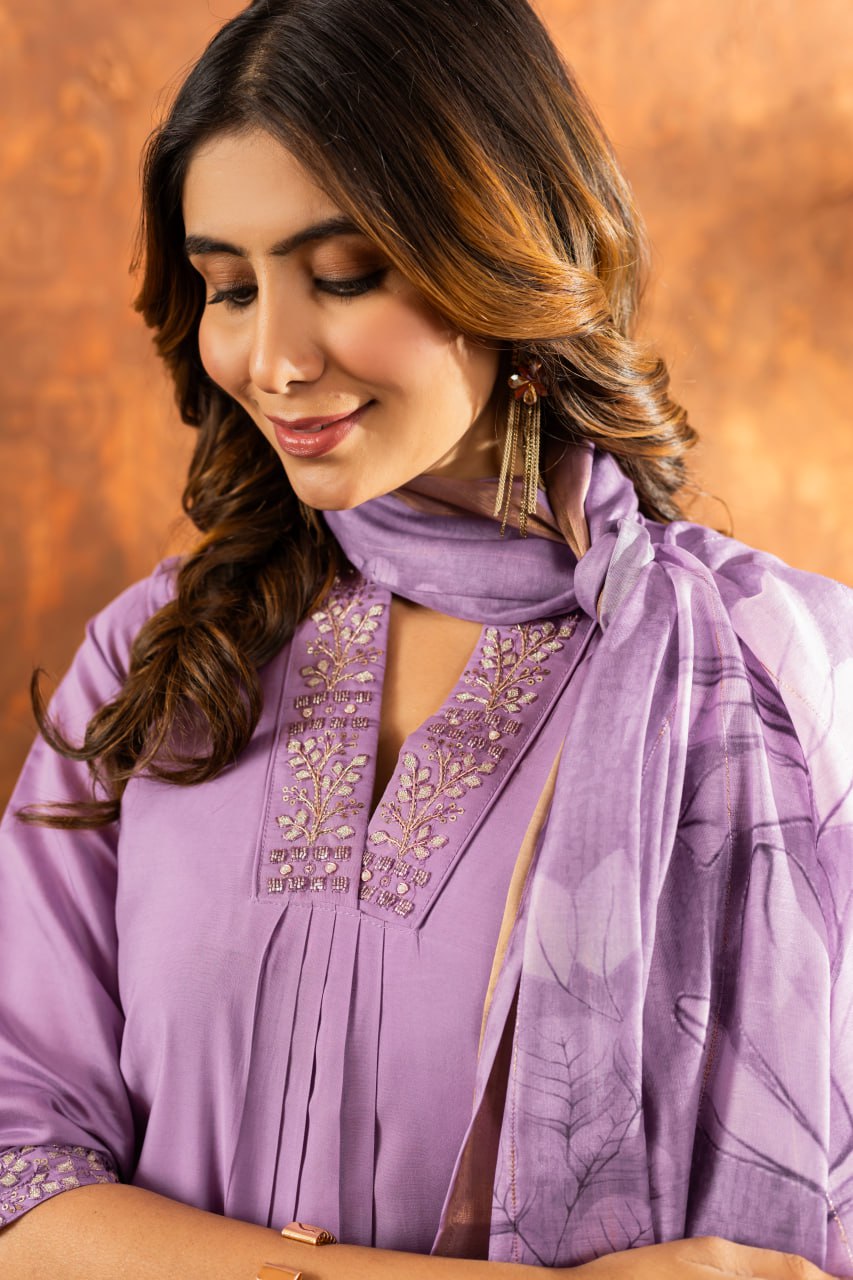 Roman Silk Straight Kurti Pant Dupatta Set with Embroidery Sequins and Hand Work