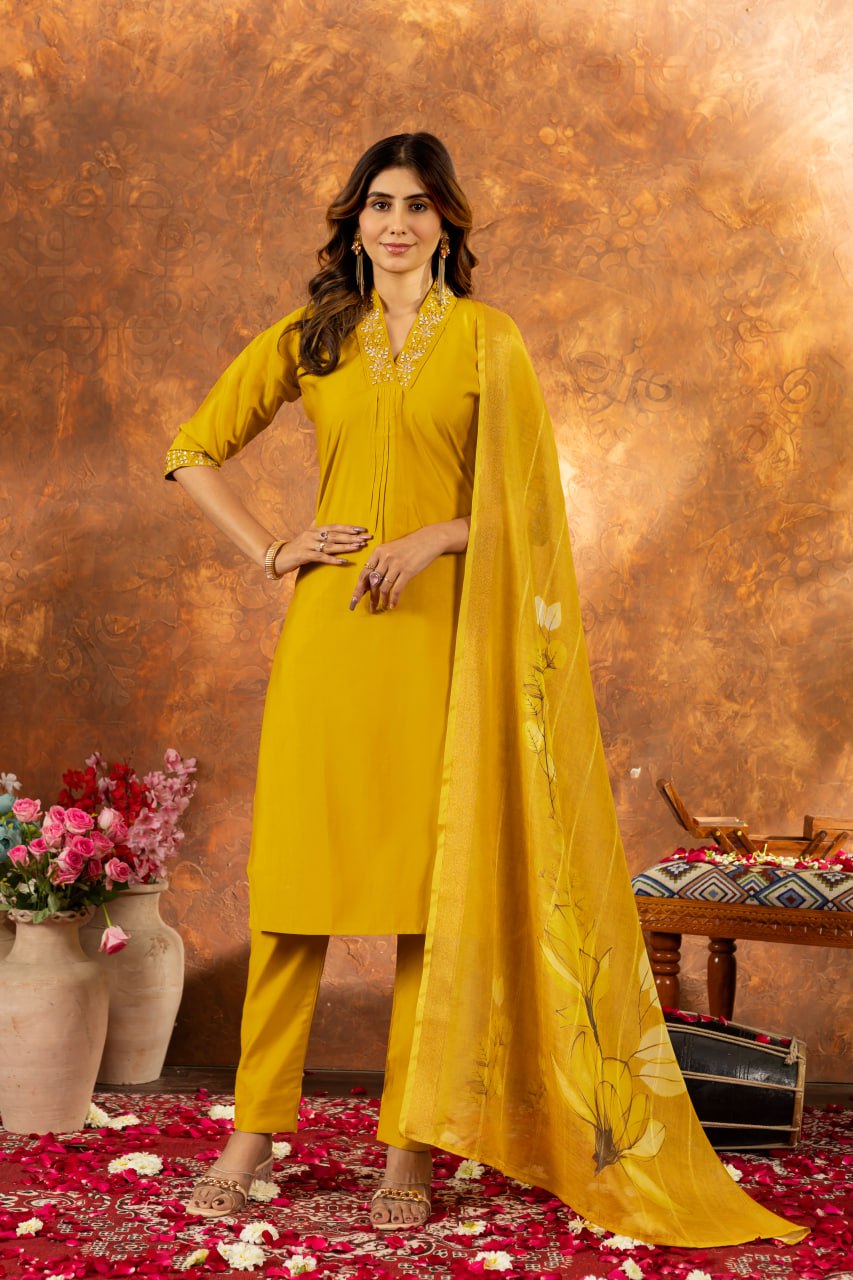 Roman Silk Straight Kurti Pant Dupatta Set with Embroidery Sequins and Hand Work
