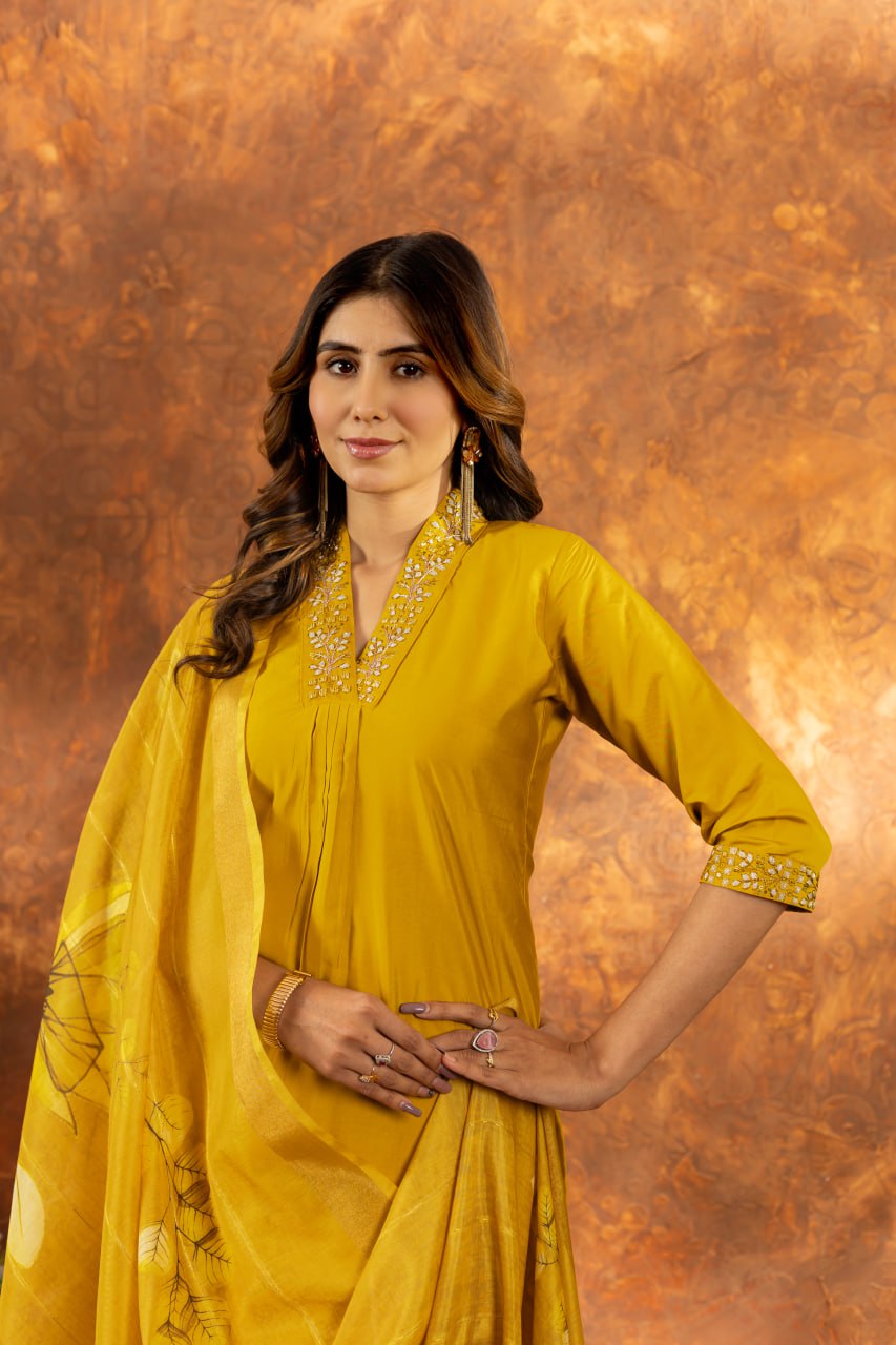Roman Silk Straight Kurti Pant Dupatta Set with Embroidery Sequins and Hand Work